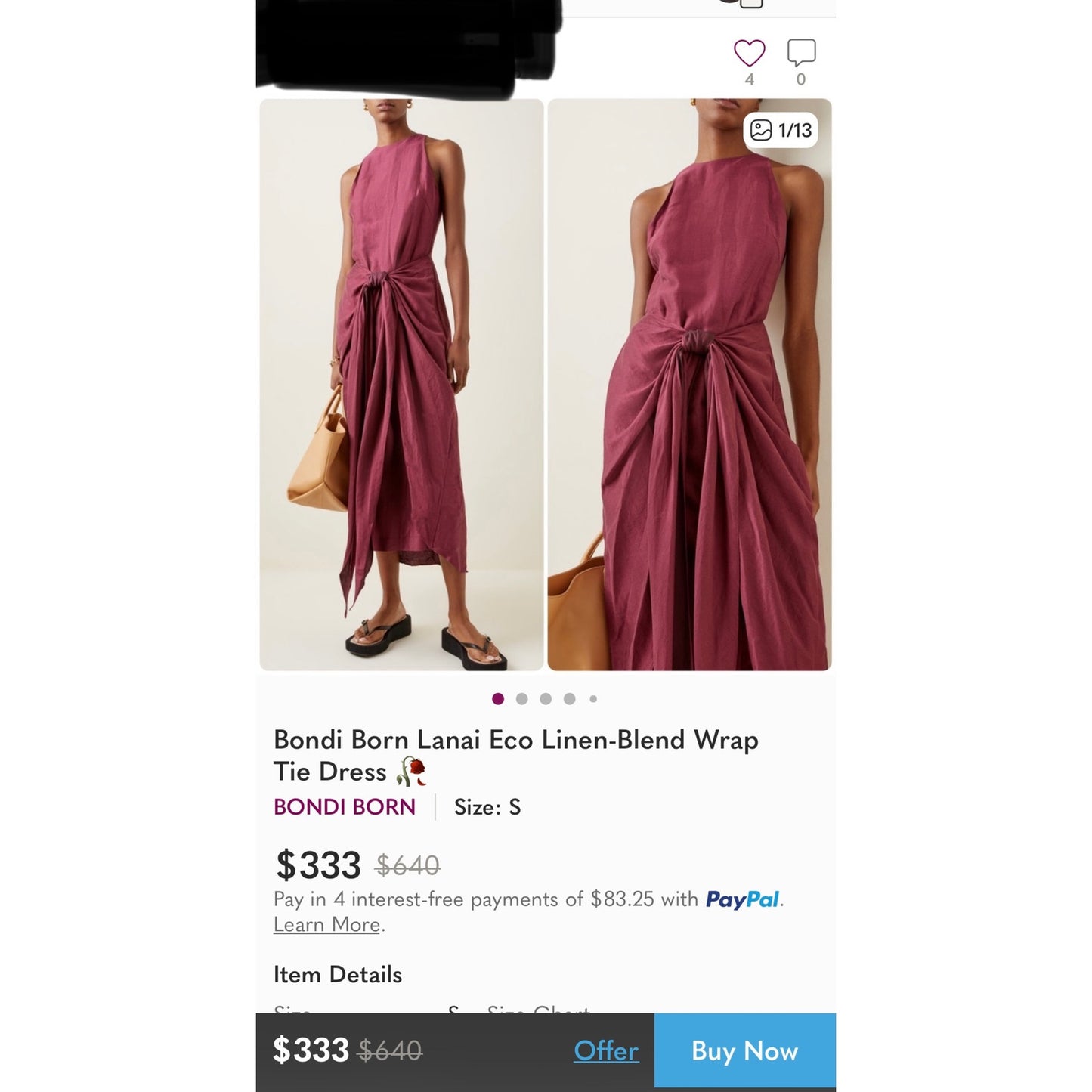 Bondi Born Organic Bulgarian Linen Burgundy Woman’s Wrap Tie Dress Made in Australia Large