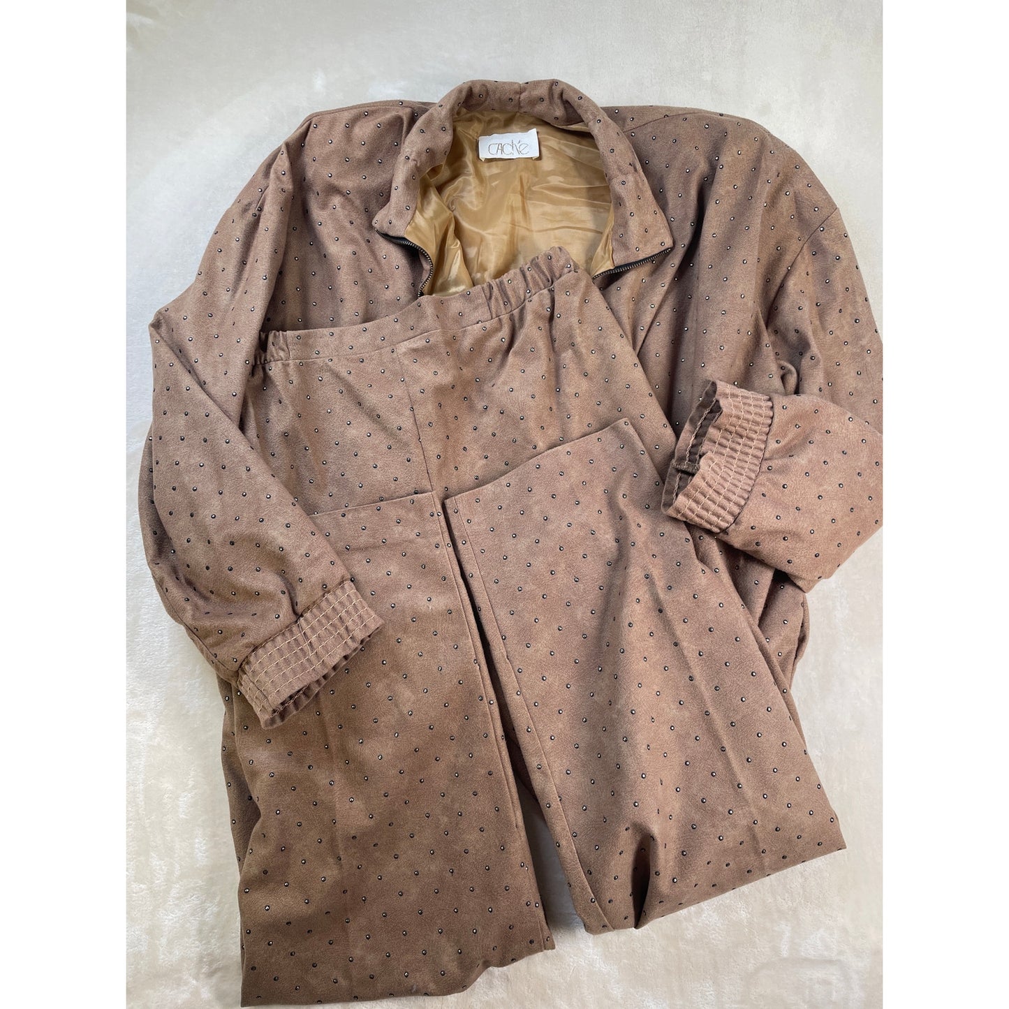 Vintage Caramel Studded Set Satin Lined Bomber Jacket Stretch Pant Suit M