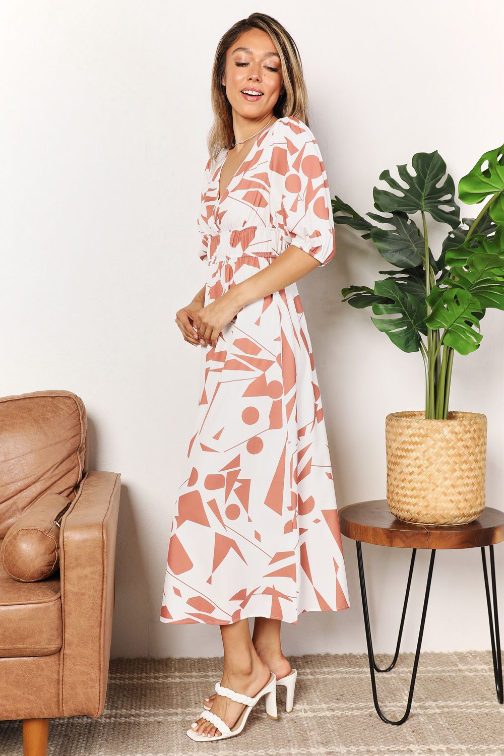 Woman's Styled Collection Printed Surplice Balloon Sleeve Dress