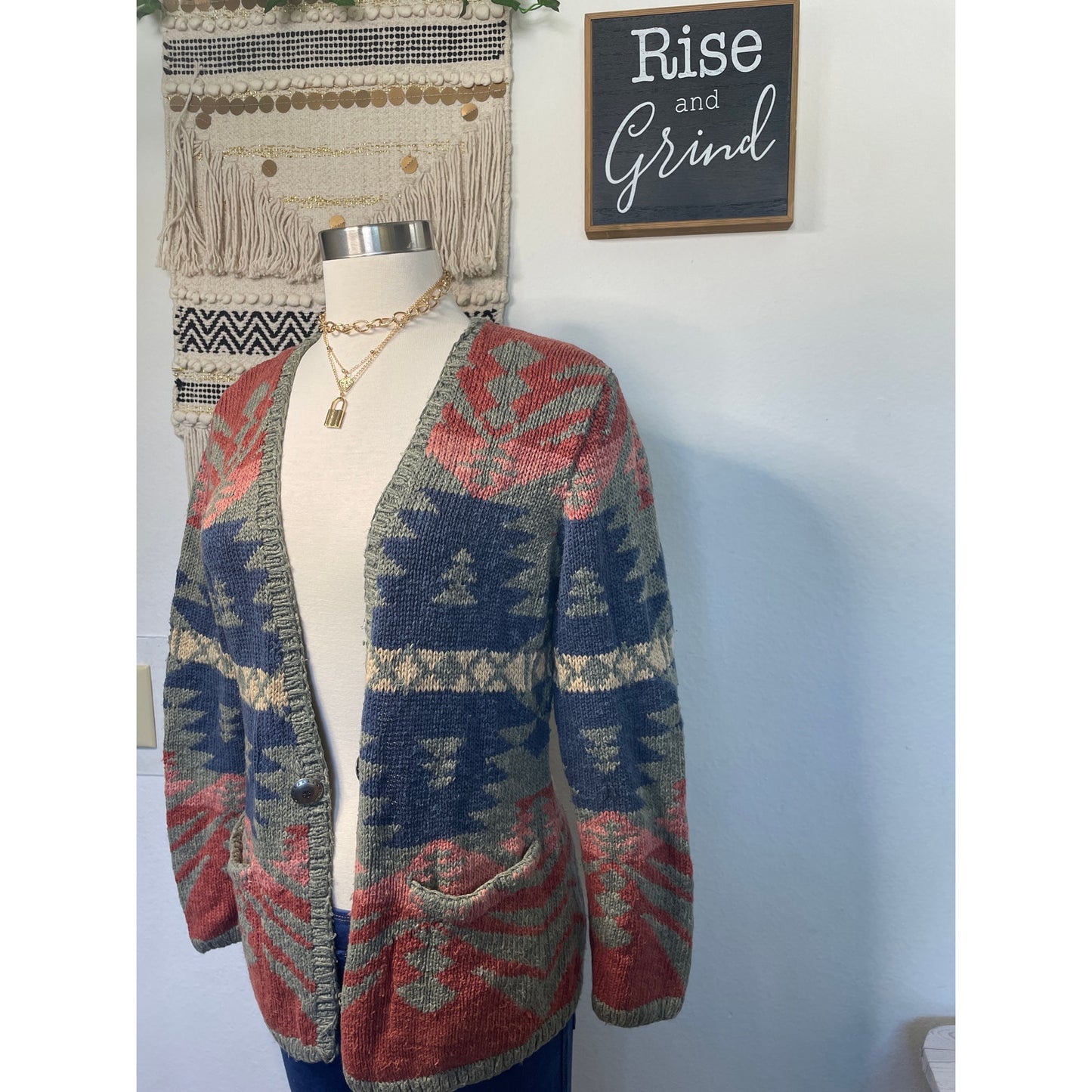 Vintage Exlcusive Hand Knit for Lauren Ralph Lauren Womans Western Aztec Open Knit Sarape Cardigan Sweater -M