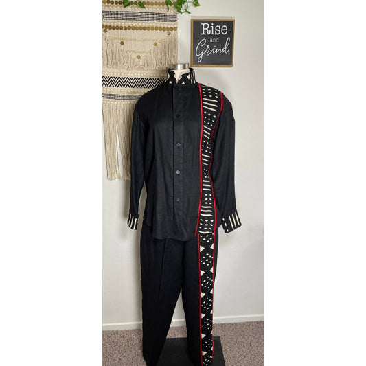 Unisex Vintage NIA Linen Cotton Black and Red Tribal Ethnic Shirt & Pant Set Suit M