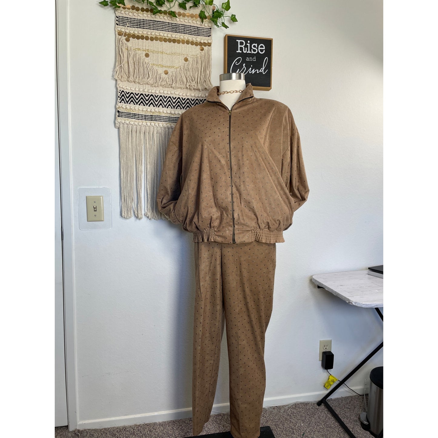 Vintage Caramel Studded Set Satin Lined Bomber Jacket Stretch Pant Suit M