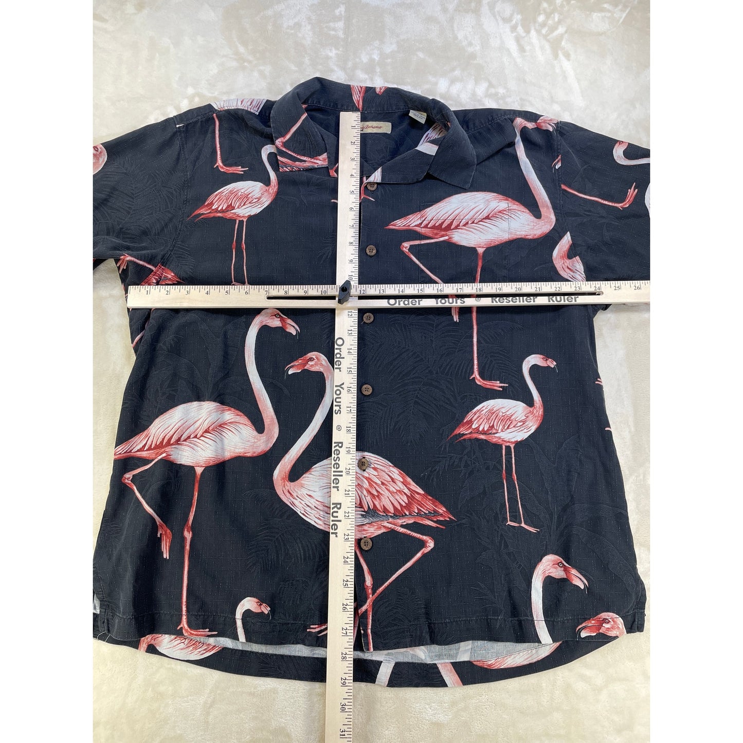 Tommy Bahama Pink Flamingo Hawaiian Black 100% Silk Men’s Shirt XL