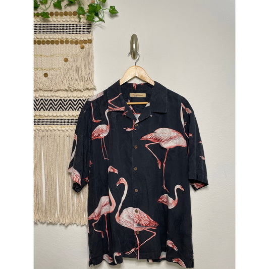 Tommy Bahama Pink Flamingo Hawaiian Black 100% Silk Men’s Shirt XL