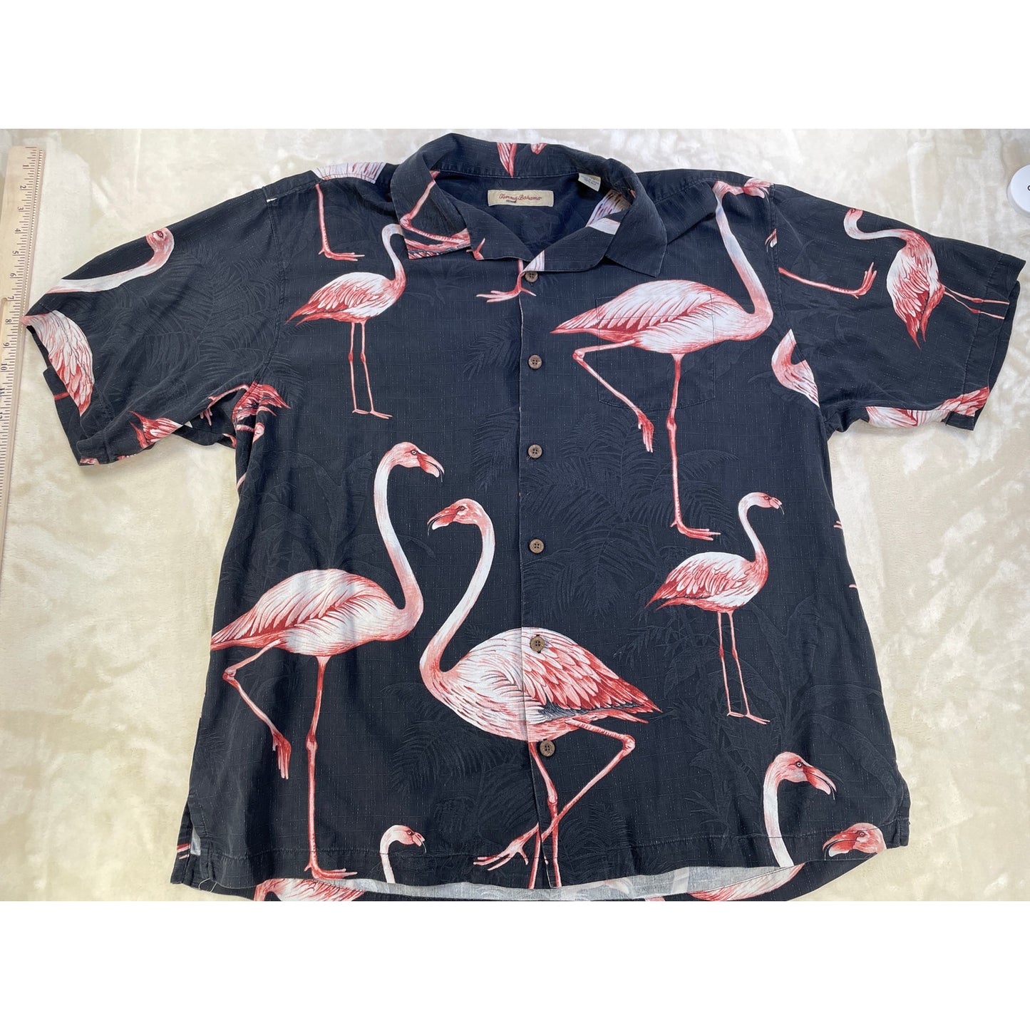 Tommy Bahama Pink Flamingo Hawaiian Black 100% Silk Men’s Shirt XL