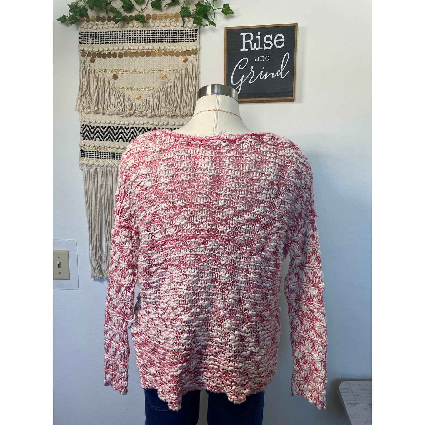 Free People Womans Stretchy Red & Cream V Neck Knit Sweater Top M