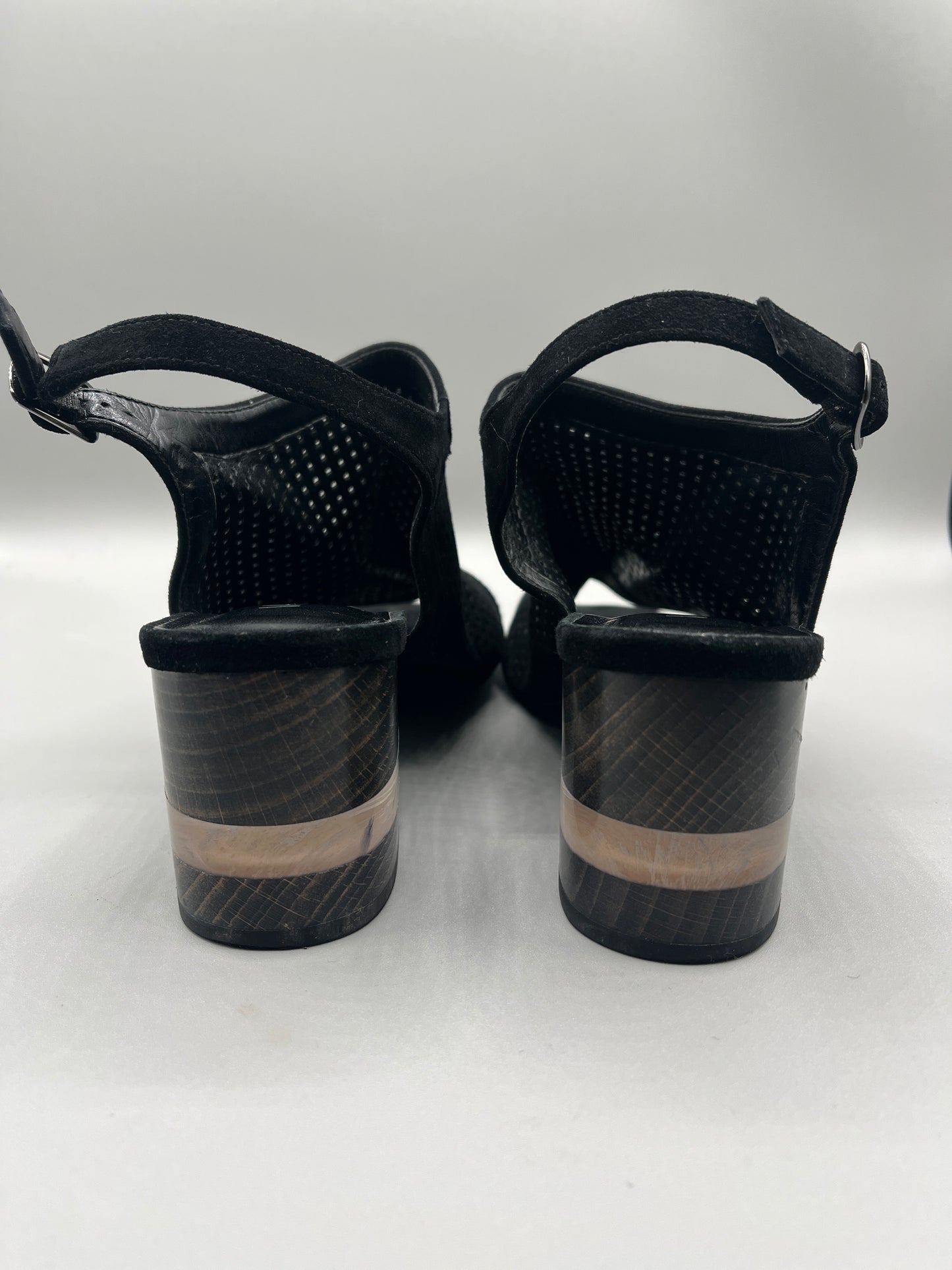 Vaneli Black Suede like peep toe shoe with clear heel