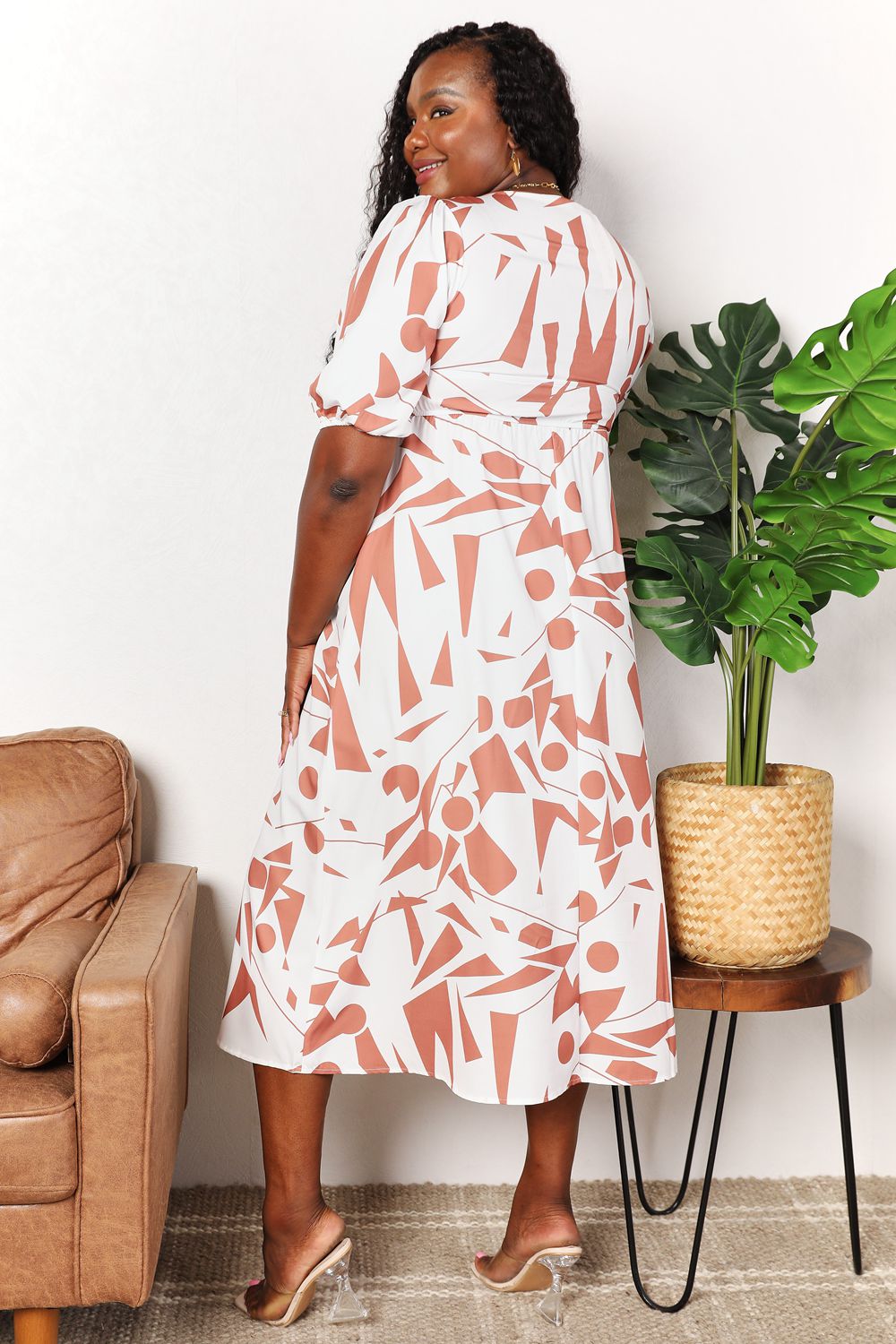 Woman's Styled Collection Printed Surplice Balloon Sleeve Dress