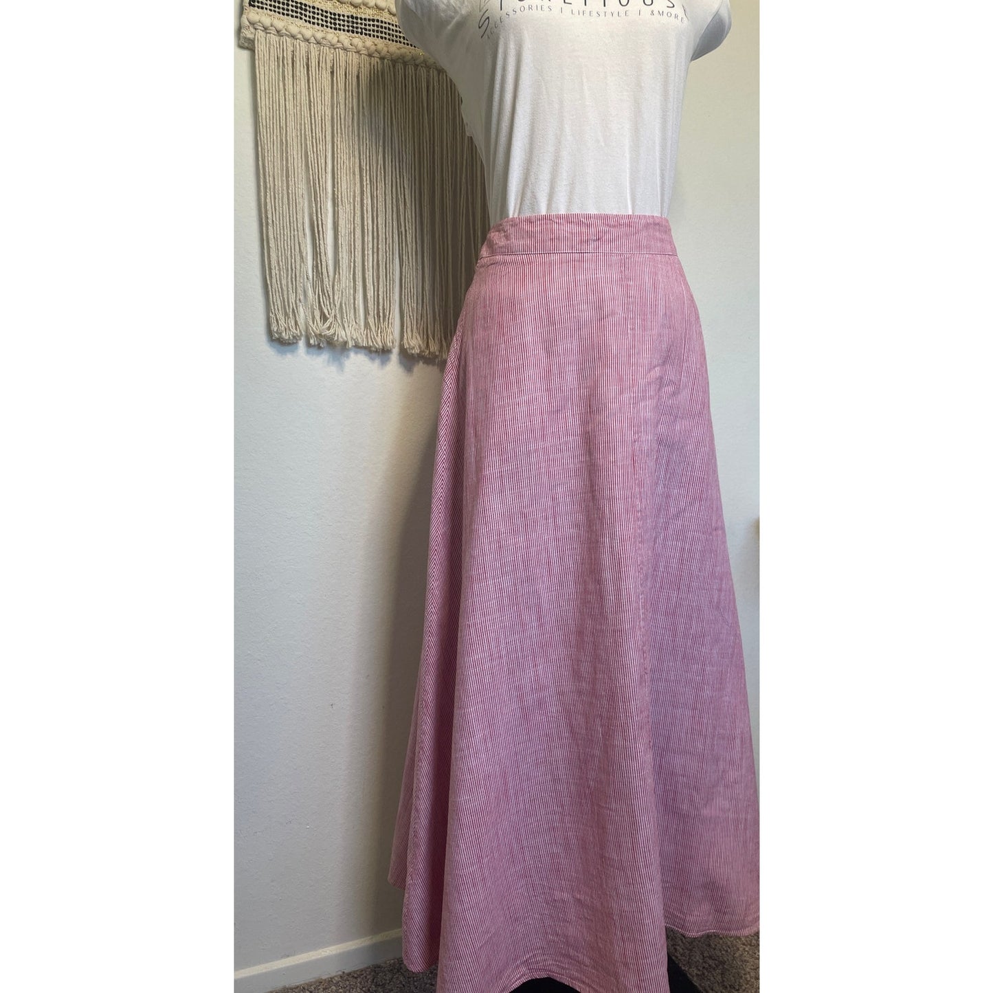 Bird & Knoll 100% Cotton Red White Pin Stripped Long Lined Maxi Skirt | M