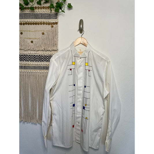 Vintage Van Laack Soire White Long Sleeve Button Up Multi Color Embroidered Men’s Shirt 16/41