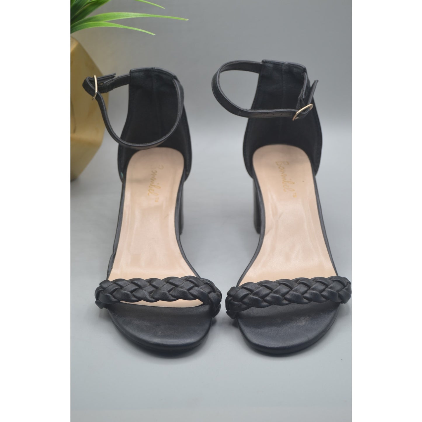 Black Size 7 Bonnie Bell Open Heels With Short Heel And Adjustable Belt Strap