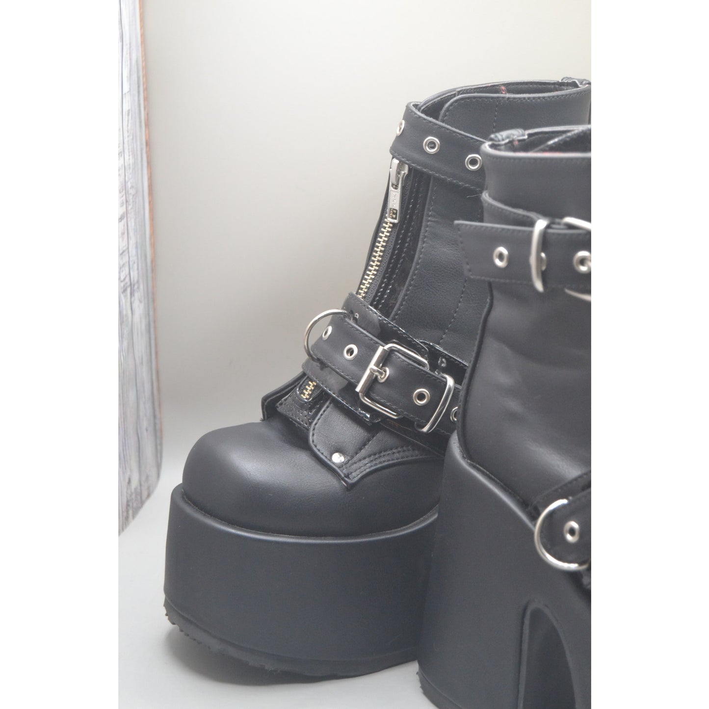 Demonia Platform Black Boots Belt Straps Zipper NWOT SZ 8