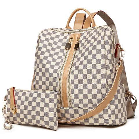 Lucia | Cream Color Checkered Backpack and wristlet set