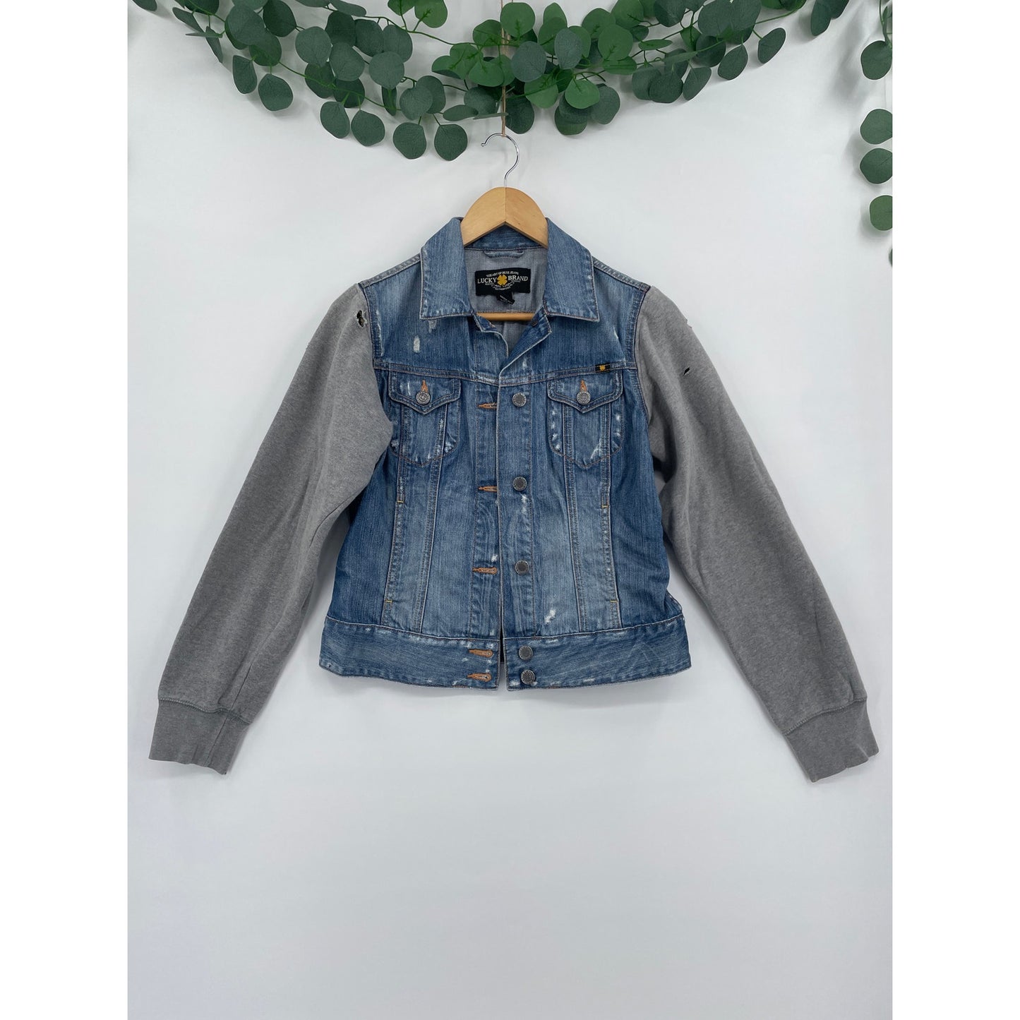 Lucky Brand Distressed 100% Cotton Denim Jacket with Grey Sweater Sleeves Small