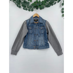 Lucky Brand Distressed 100% Cotton Denim Jacket with Grey Sweater Sleeves Small