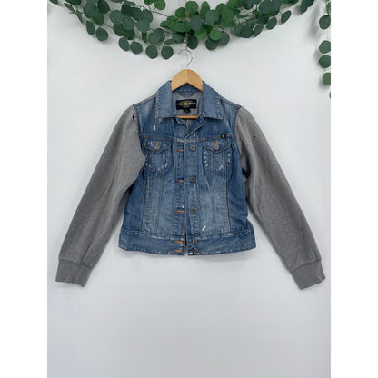 Lucky Brand Distressed 100% Cotton Denim Jacket with Grey Sweater Sleeves Small