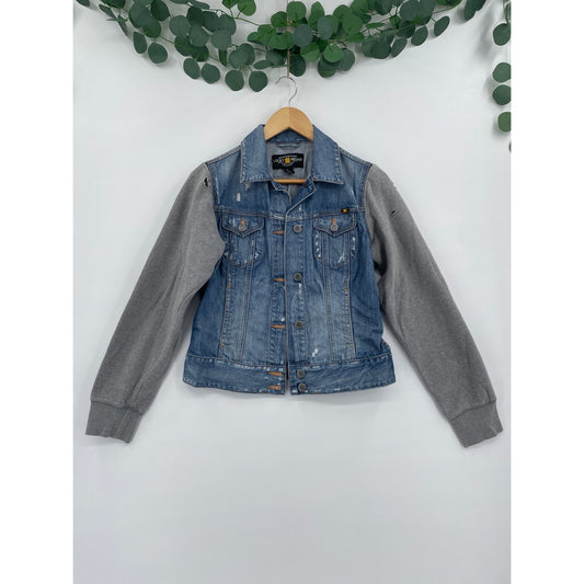 Lucky Brand Distressed 100% Cotton Denim Jacket with Grey Sweater Sleeves Small