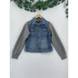 Lucky Brand Distressed 100% Cotton Denim Jacket with Grey Sweater Sleeves Small
