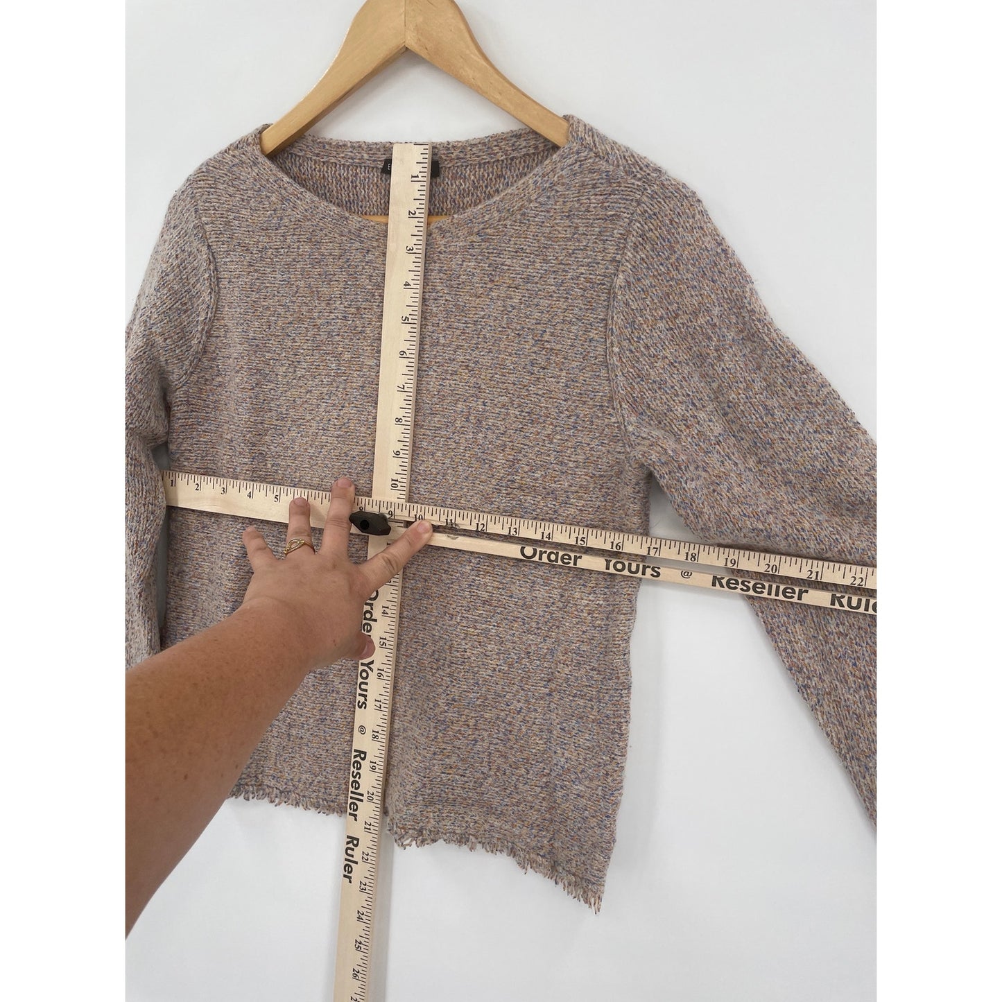 Eileen Fisher Neutral Marled Knit Sweater Bateau Neckline Fringe Hem Med