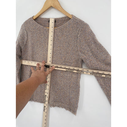 Eileen Fisher Neutral Marled Knit Sweater Bateau Neckline Fringe Hem Med