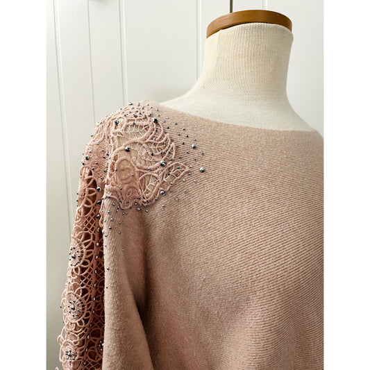 Siren Lily Jeweled Long Sleeve Crochet Woman’s Sweat Blouse Size 2XL