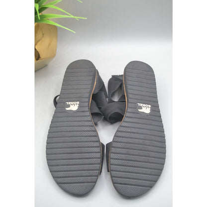 Black Sorel Ella III Size 11 Preloved Leather Flat Sandals With Stretchy Strap
