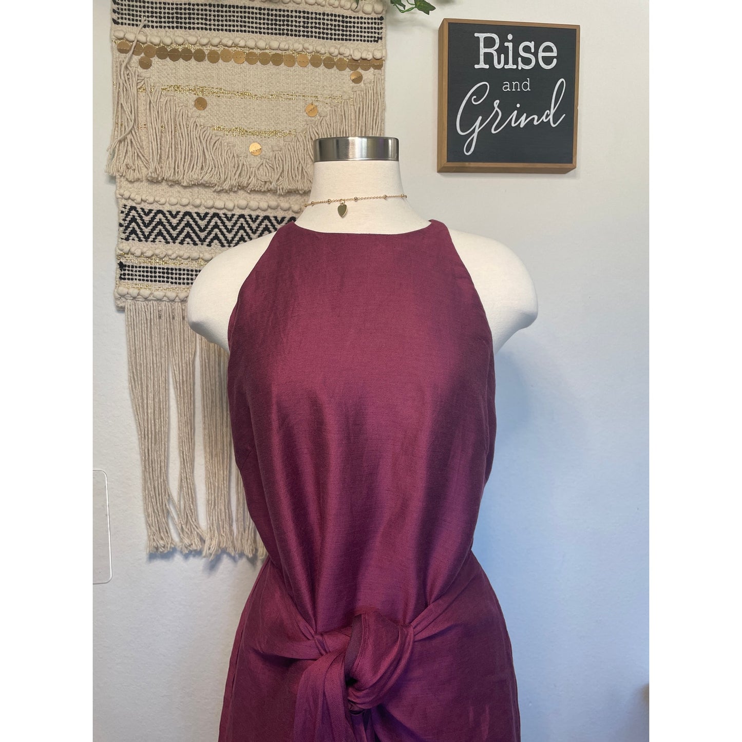 Bondi Born Organic Bulgarian Linen Burgundy Woman’s Wrap Tie Dress Made in Australia Large