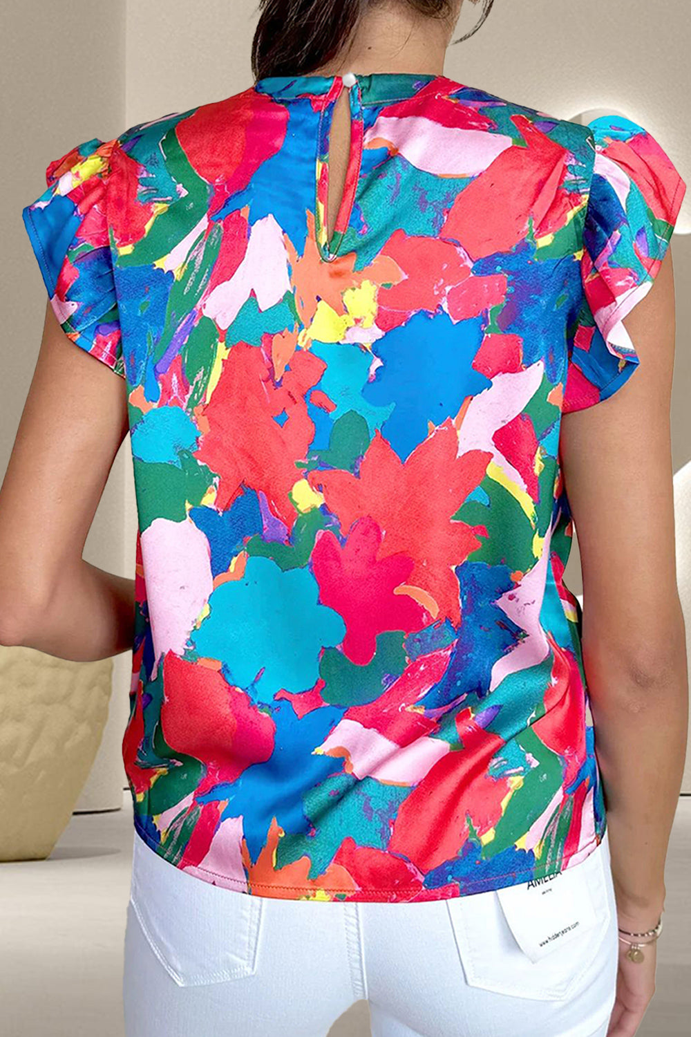 Woman's Style Collection Ruffled Abstract Print Round Neck Cap Sleeve Blouse