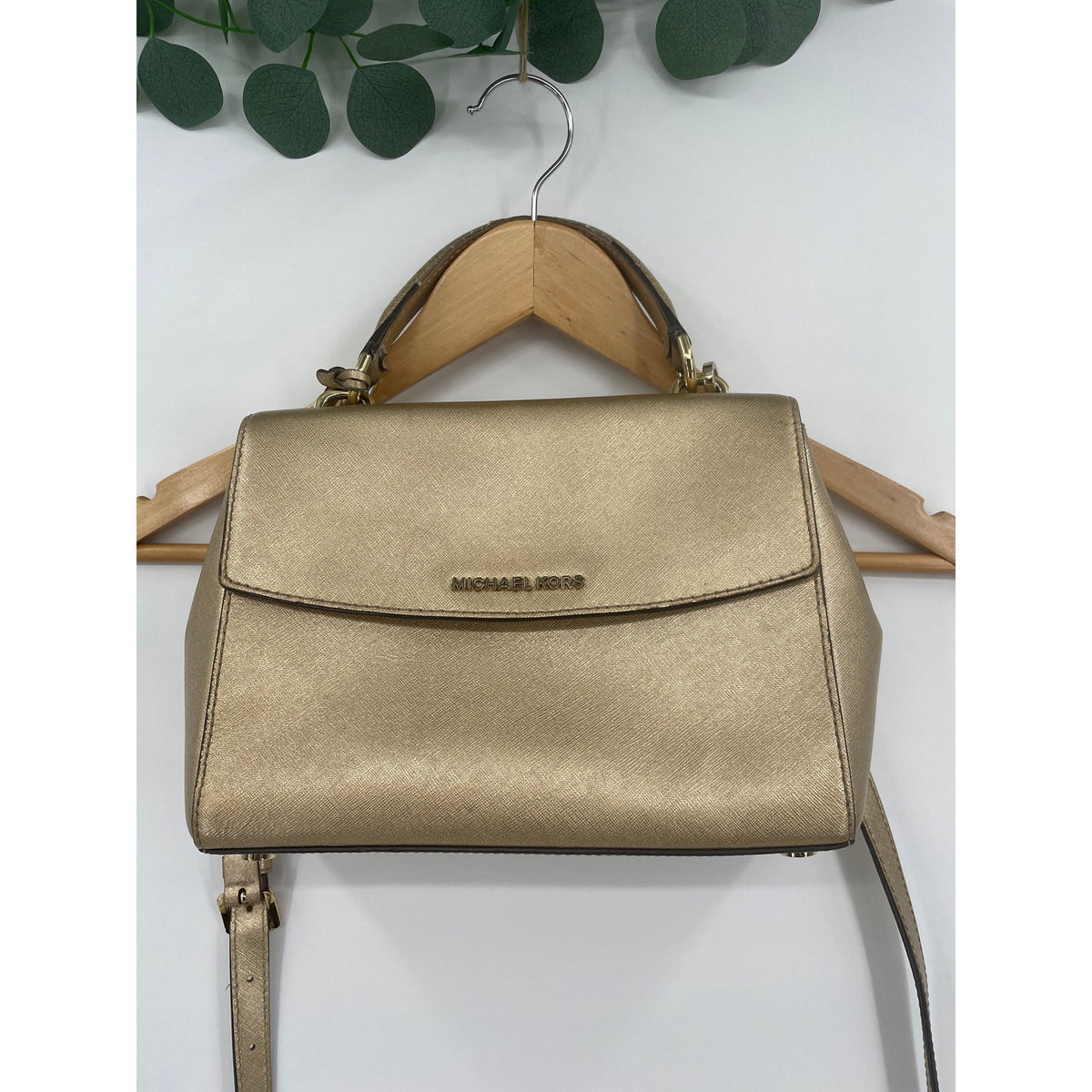 Michael Kors Metalic Gold Small Ava Satchel Crossbody Saffiano Leather Handbag