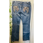 Zenim Denim Western Clear Stones Embroidered Back Pockets Slight Flared Mid Rise Jeans SZ 14