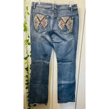 Zenim Denim Western Clear Stones Embroidered Back Pockets Slight Flared Mid Rise Jeans SZ 14