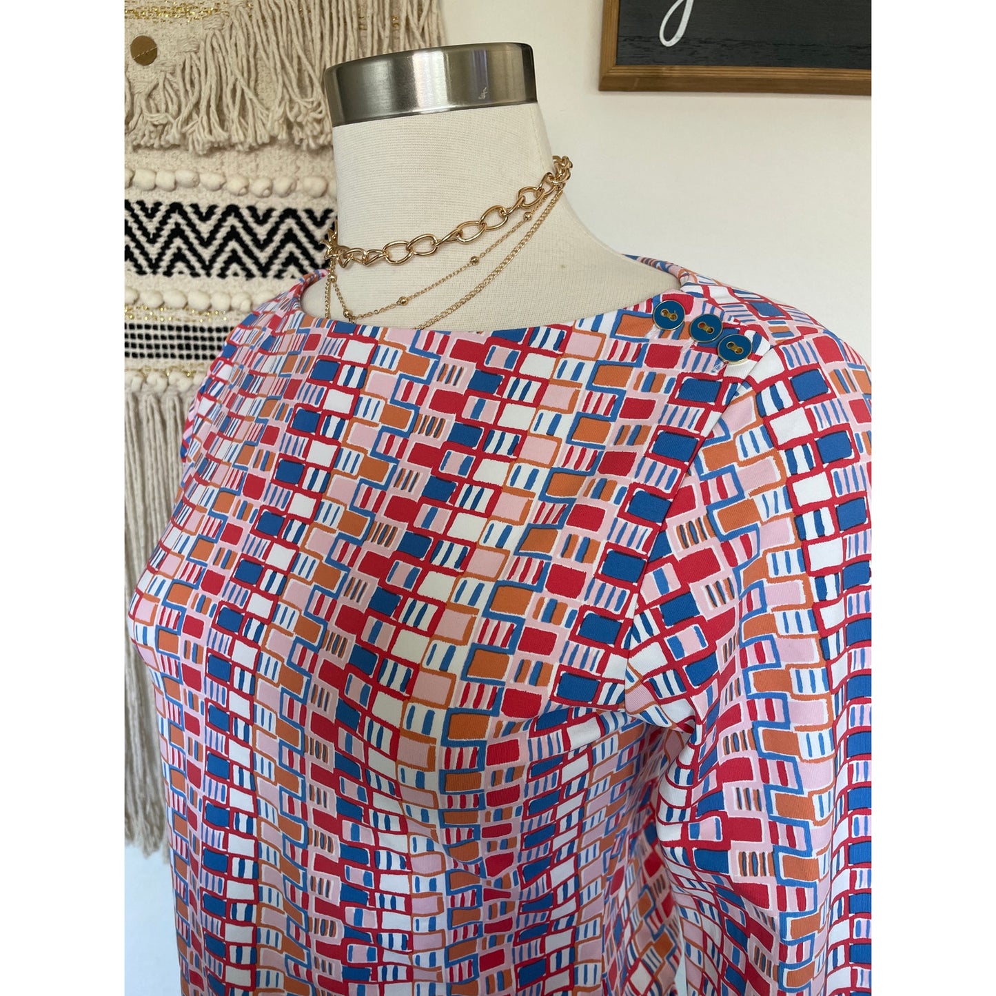 J. McLaughlin Catalina Cloth 3/4 Sleeve Signature Top Geometric Multicolor XS