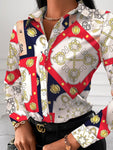 Woman's Style Collection Printed Collared Neck Long Sleeve Blouse