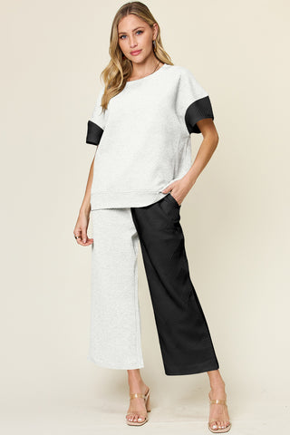 Woman's Style Collection Double Take Full Size Texture Contrast T-Shirt and Wide Leg Pants Set