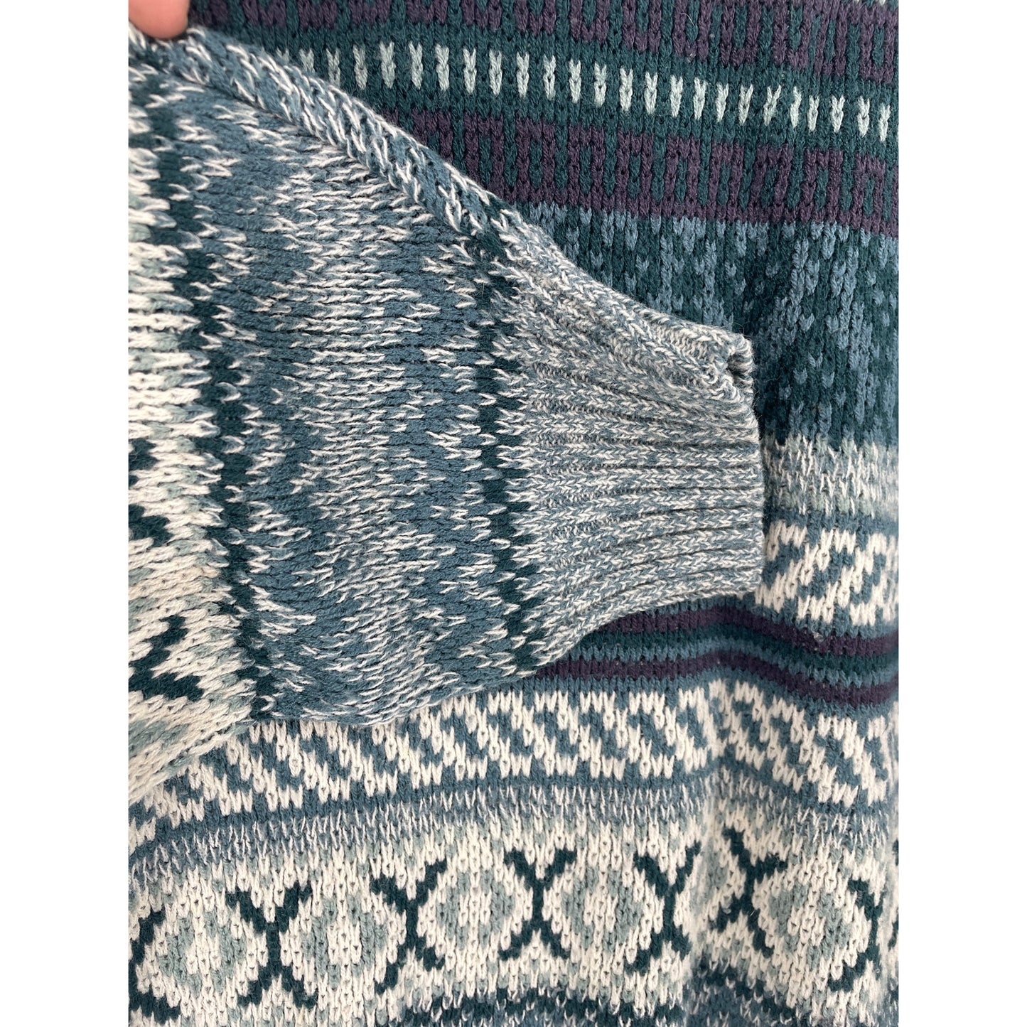 Vintage 80's Sears Mens Store Geometric Sweater Green Blue Grey Made in Korea Large
