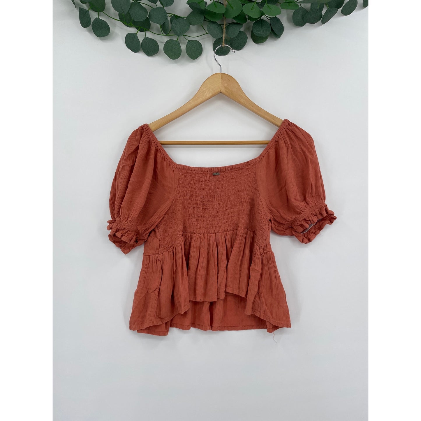 Oneill Isabel Solid Peplum Elastic Sleeves Medal Logo Woven Top XS