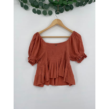 Oneill Isabel Solid Peplum Elastic Sleeves Medal Logo Woven Top XS