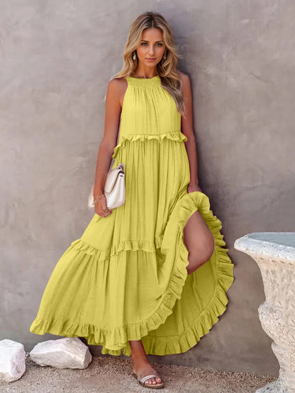 Woman's Style Collection Ruffled Sleeveless Tiered Maxi Dress with Pockets