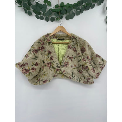 Faux Fur Floral Satin Lined Cropped Jacket Large