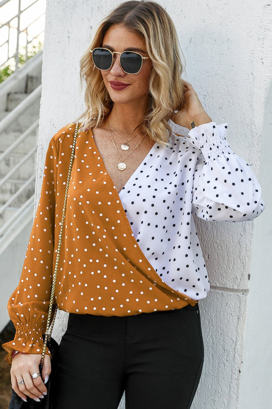 Woman's Style Collection Polka Dot Surplice Neck Lantern Sleeve Blouse