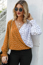 Woman's Style Collection Polka Dot Surplice Neck Lantern Sleeve Blouse