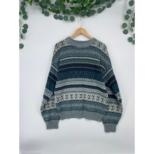 Vintage 80's Sears Mens Store Geometric Sweater Green Blue Grey Made in Korea Large