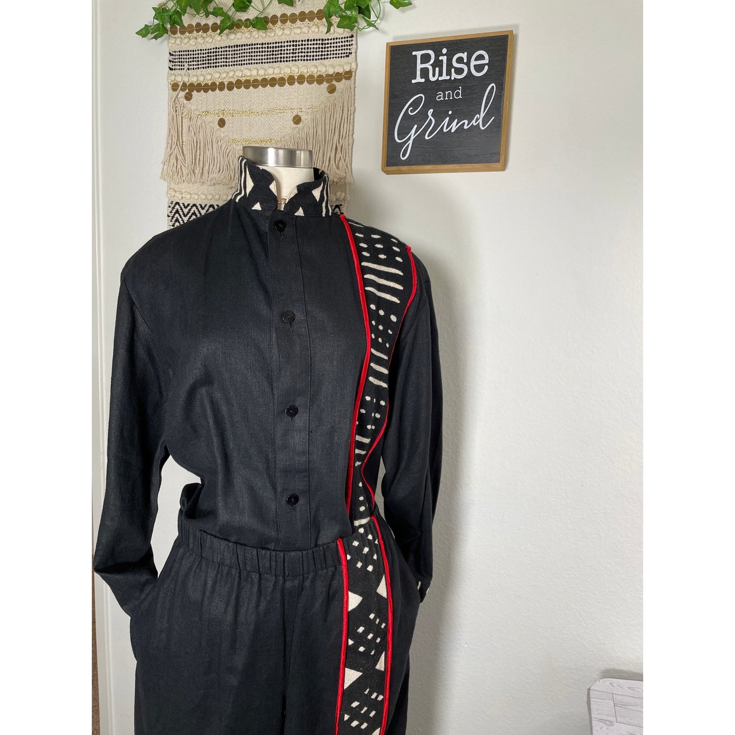 Unisex Vintage NIA Linen Cotton Black and Red Tribal Ethnic Shirt & Pant Set Suit M