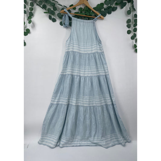 Bella Dahl Tiered Halter Midi Summer Cottage Core Amalfi Stripe Blue Dress Small