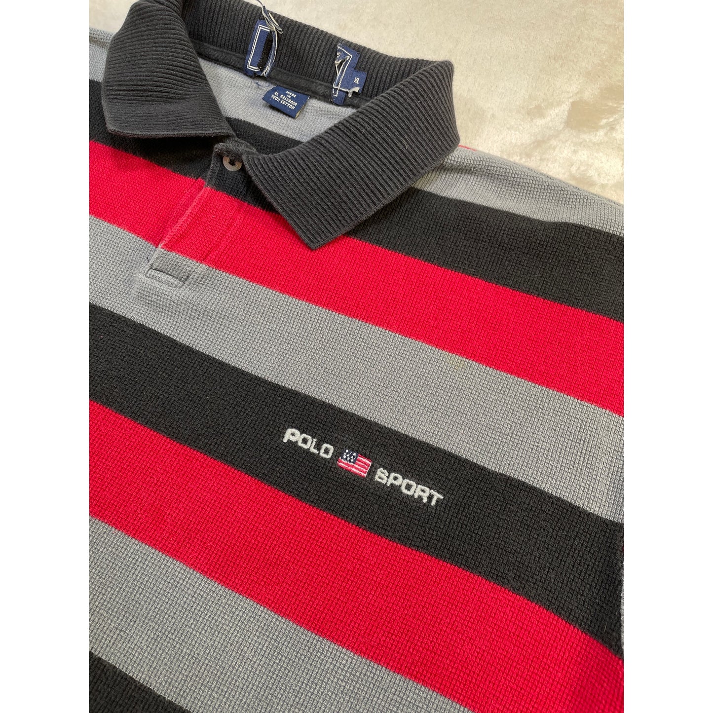 Vintage Red Grey & Black Stripped Mens Polo Short XL