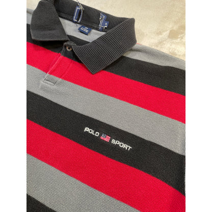 Vintage Red Grey & Black Stripped Mens Polo Short XL