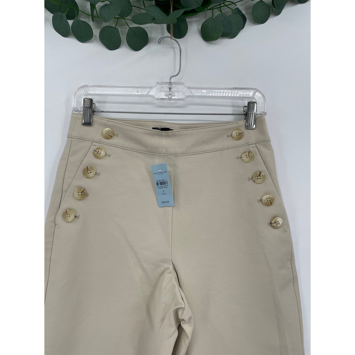 NWT Ann Taylor Cream High Rise Wide Leg Petite Trousers Gold Pocket Buttons 2P