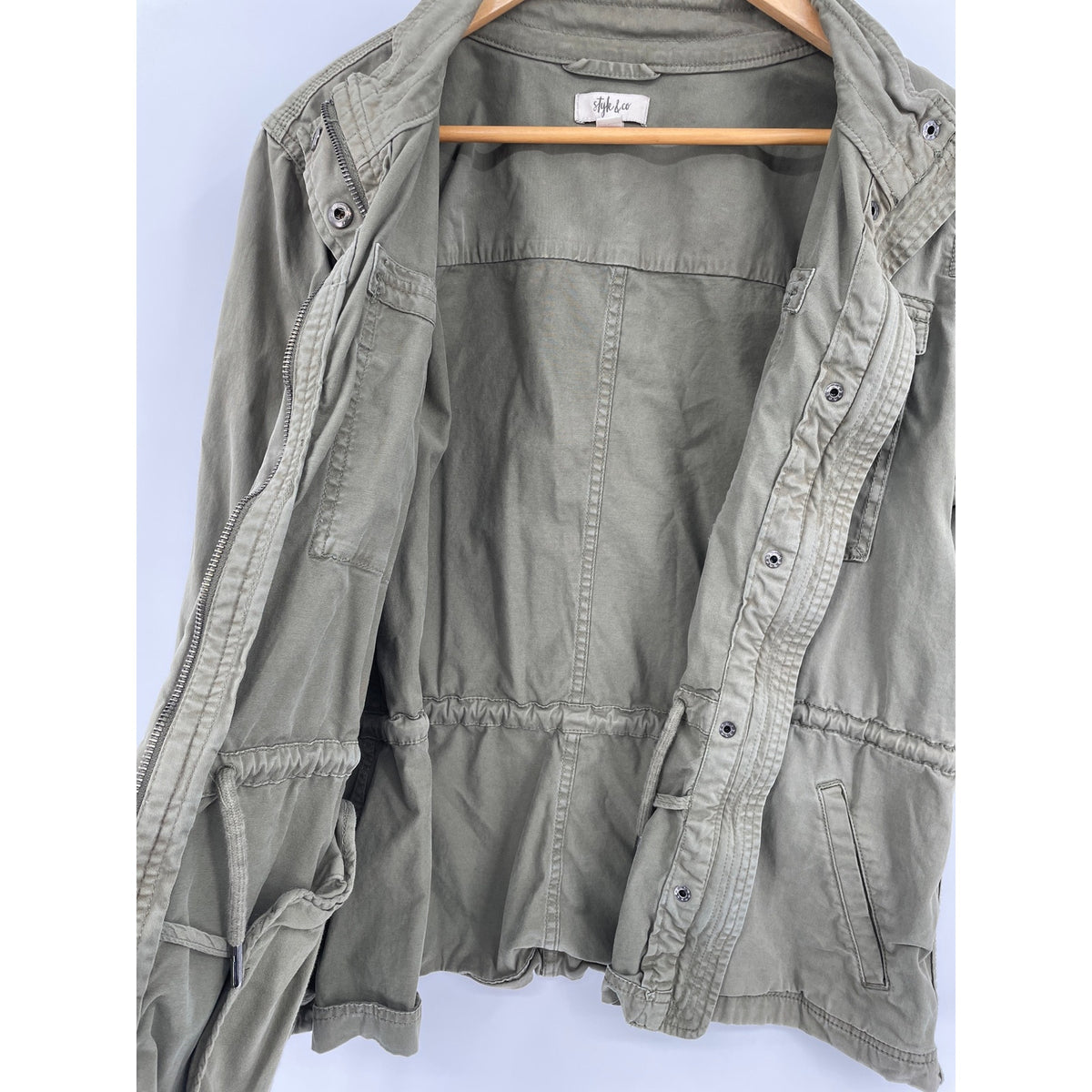 Style & CO Olive Green Cotton Utility Cargo Jacket Zipper Button  PXL