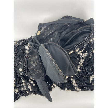 Vintage Black Embroidered Beaded Scalloped Top L