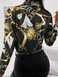 Woman's Style Collection Printed Collared Neck Long Sleeve Blouse